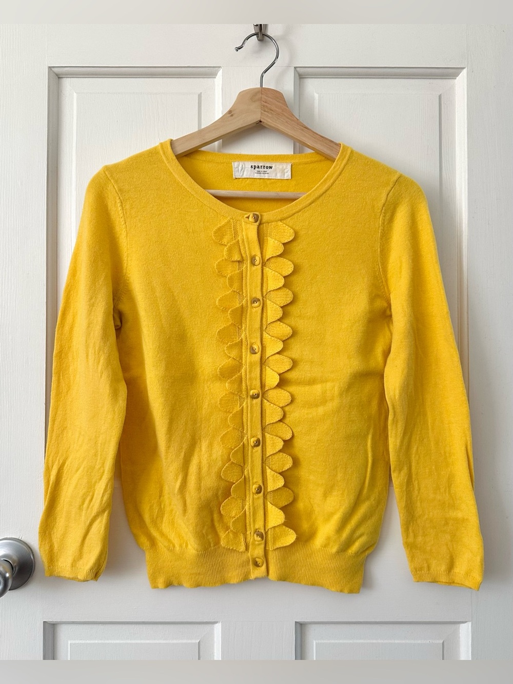 Anthropologie Sparrow Yellow Shoreline Scallop Cardigan Cotton Cashmere Twee